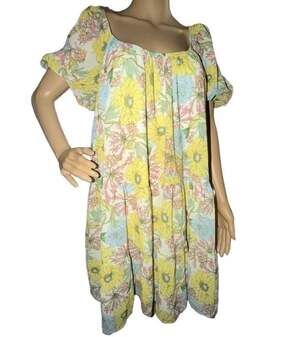 Flying Tomato Retro Floral Puff Sleeve Babydoll Mini Dress Yellow Sunflower- Med